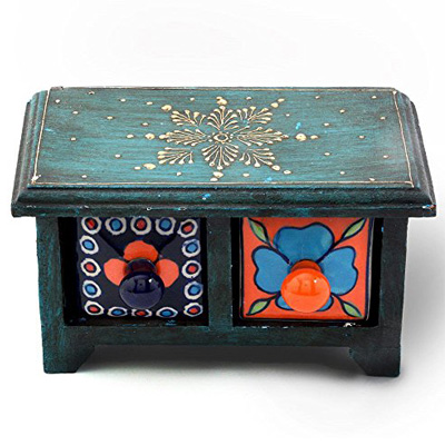 SHREE MANGALAM MART WOODEN CERAMIC BLUE POTTERY DOUBLE DRAWER SET